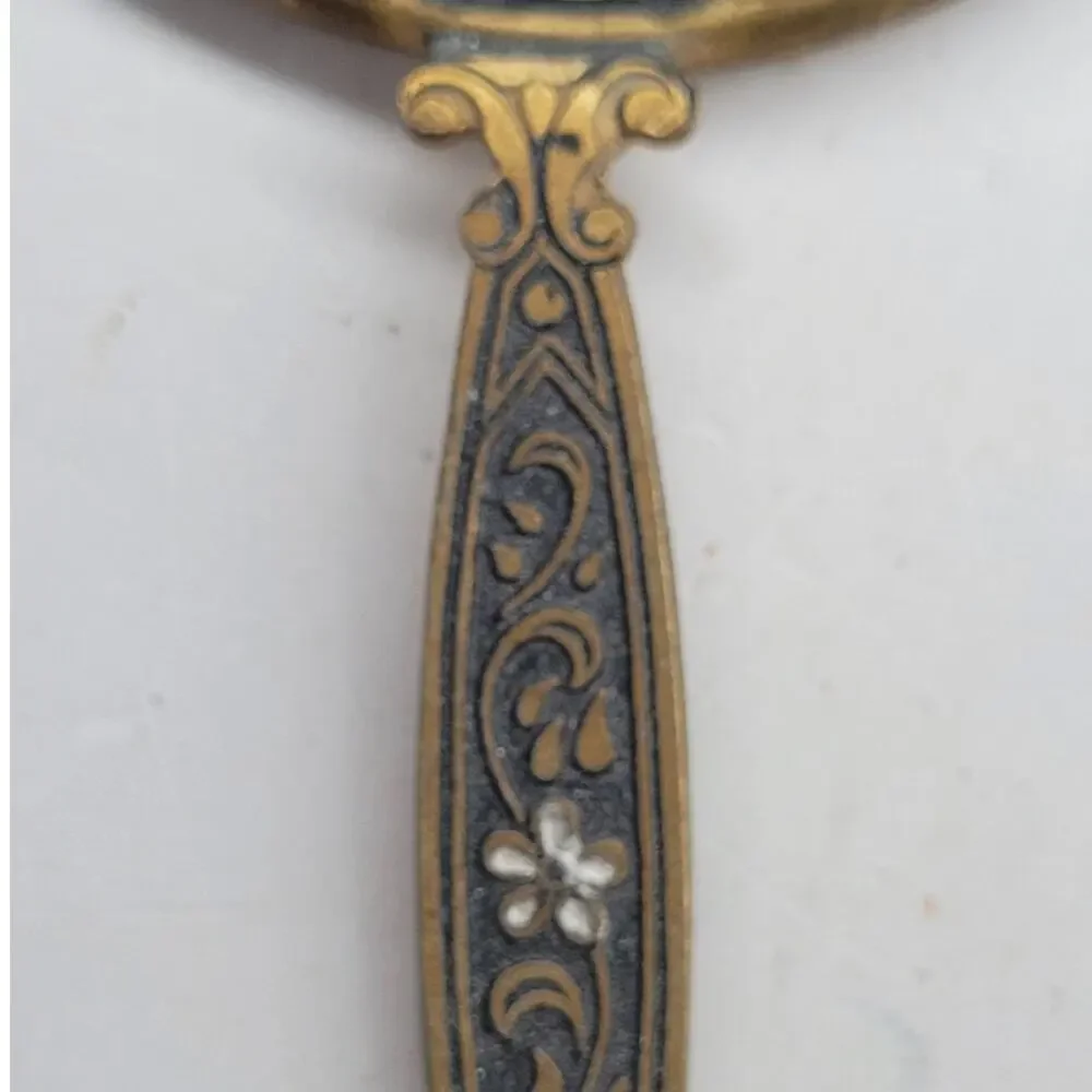 Vintage Etched Brass‎ Black Enamel Blue Bead Floral Boho Vanity Hand Mirror